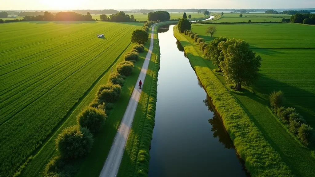 Aerial view of Jelgava waterway with cycling path infrastructure