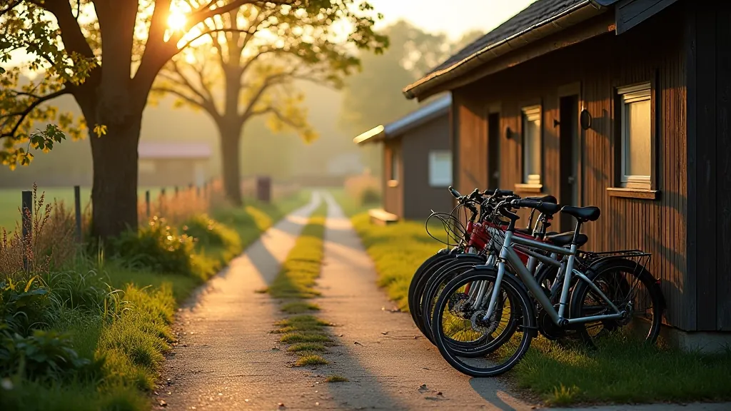 Scenic parking area near Kalnciems village with bicycle racks and directional signs for cycling routes