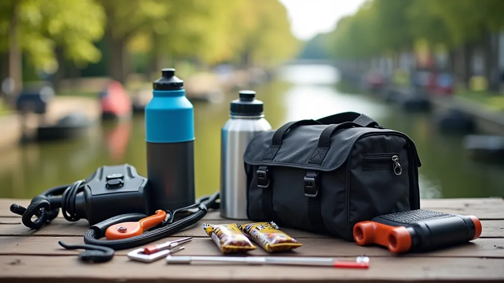 Cyclist's backpack with organized gear including water bottle, repair tools, snacks, and sunscreen on wooden picnic table