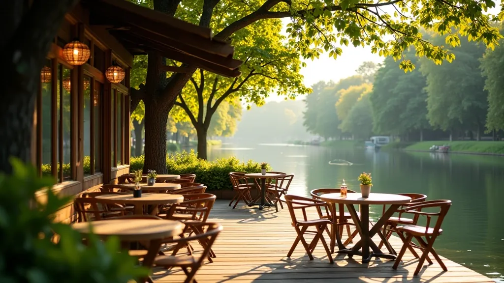 Charming riverside cafe with outdoor seating overlooking the water and cycling path