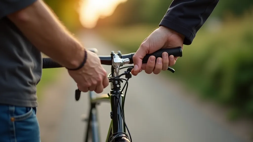 Close-up of bicycle maintenance with hands checking tire pressure on a canal path bike