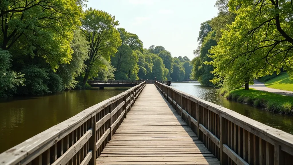 Historic wooden Svēte bridge structure over river with cycling path and safety railings, clear water below