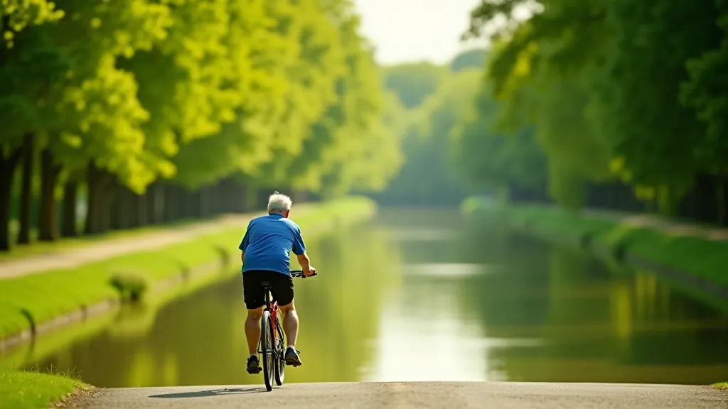 Senior cyclist riding along a peaceful canal with green trees and calm water reflecting sunlight