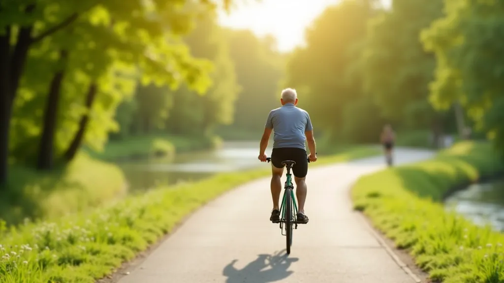 Senior cyclist riding along Jelgava waterway canal path on sunny afternoon with water reflections and tree-lined route