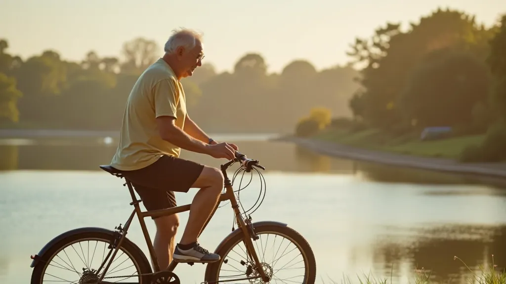 Senior cyclist stretching legs before riding on canal path with peaceful water background and morning light