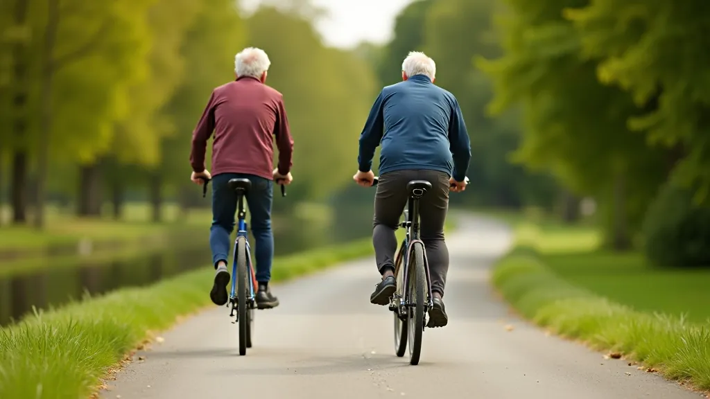 Two senior cyclists riding side by side on a flat canal path, trees and water visible in background