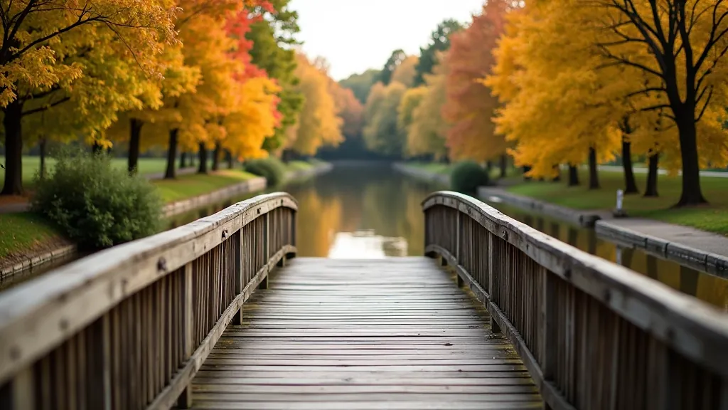 Wooden bridge structure spanning across calm river with cycling path and autumn foliage