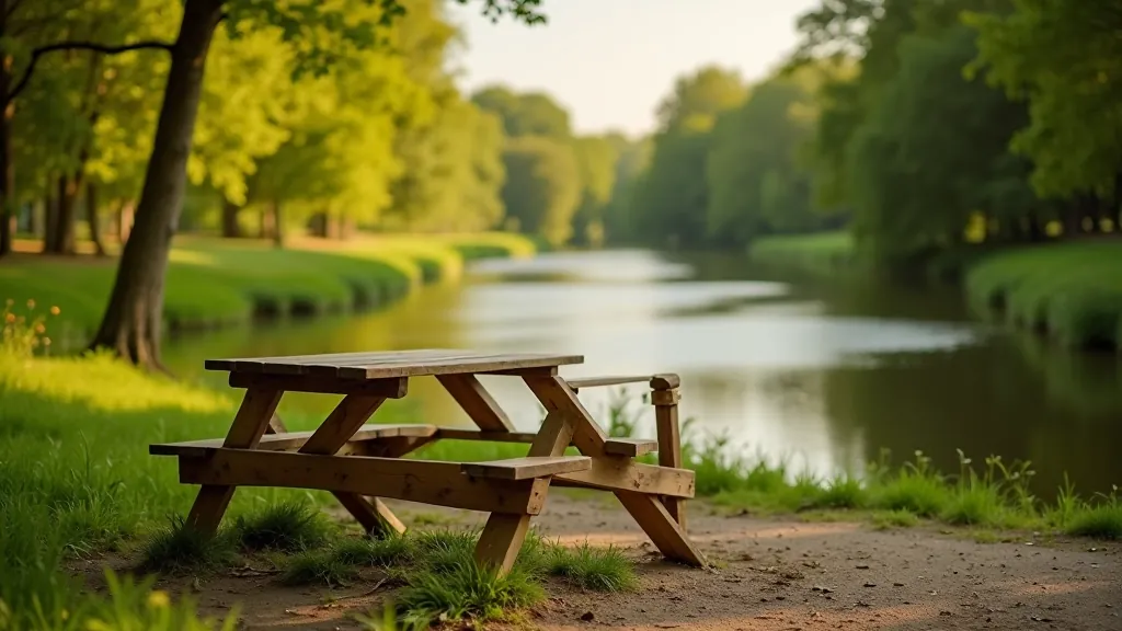 Rest area with picnic table and bicycle rack near river, surrounded by trees, peaceful setting